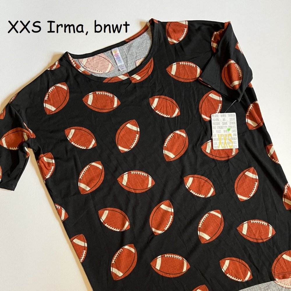 XXS Lularoe Irma oversized tunic, black with footballs
